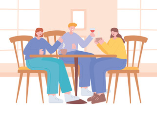 restaurant social distancing, guidance people keeping distance in food table, covid 19 pandemic, prevention of coronavirus infection