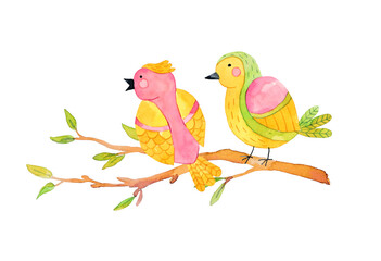 Cute watercolor colorful funny bird sitting on spring branch. Cartoon birds for your design. Hand drawn illustrations isolated on white background