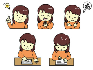 Vector illustration of girls studying.5 patterns.
 (idea,smile, worry, tablet operation, writing)