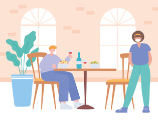 restaurant social distancing, separate customers during lunch, covid 19 pandemic, prevention of coronavirus infection