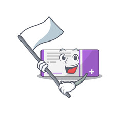 A brave medicine box mascot character design holding a white flag