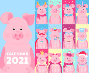 Calendar for 2021. Week start on Sunday. Funny pigs in different costumes