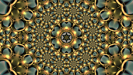 volumetric golden mandala of fractal spirals with a star in the center of the composition with...