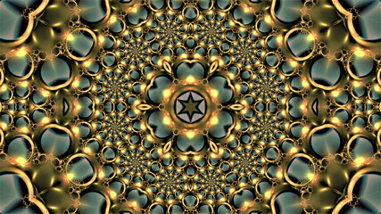 volumetric golden mandala of fractal spirals with a star in the center of the composition with illumination