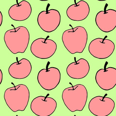 Red pink Apples seamless vector color pattern. Summer autumn background. Perfect for back to school, apple picking, food packaging, kitchen textiles