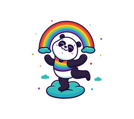 The composition happy Panda dancing on a cloud and holding a rainbow.
