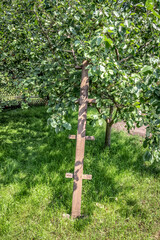 Fototapeta premium Home-made rural wooden staircase for picking fruits.
