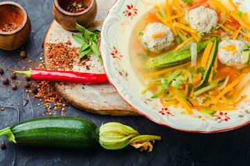 Soup with meatballs and zucchini
