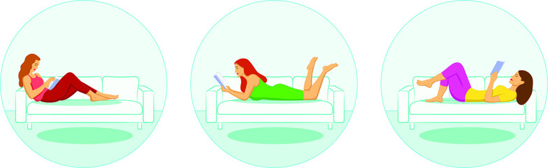 Set of women reading or students studying and preparing for examination while lying on the sofa and relaxing. Set of book lovers, readers, modern literature fans isolated on white background.