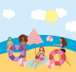 summer people activities, group girls balls umbrella and float, seashore relaxing and performing leisure outdoor