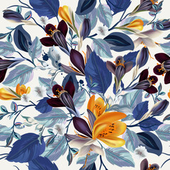 Motif floral sans couture vectoriel vintage élégant avec des fleurs de crocus et des feuilles bleues