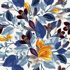 Fototapete Vintage Blumen Elegantes nahtloses Blumenmuster des Weinlesevektors mit Krokusblumen und blauen Blättern
