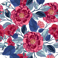 Elegant vintage vector seamless floral pattern with pink flowers and blue leaves