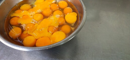 Eggs in a stainless steel bowl, ready to cook dinner