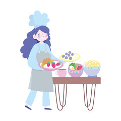 stay at home, female chef with different food cartoon, quarantine activities