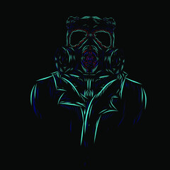 a man wearing gas mask line pop art potrait logo colorful design with dark background. Isolated black background for t-shirt, poster, clothing, merch, apparel, badge design