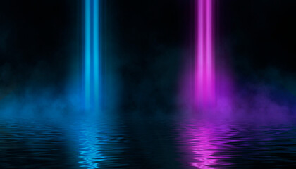 Dark modern futuristic neon background. Rays and lines of light. Night view of an empty scene with neon lights. Reflection in the water of bright light. 