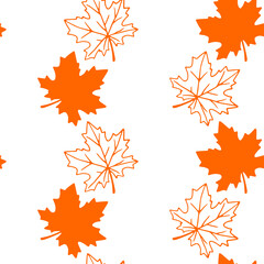 Seamless pattern of orange contoured silhouette maple leaves isolated on a white background. Simple vector texture for fabric, invitations, home textiles. Concept of autumn, forest, leaf fall