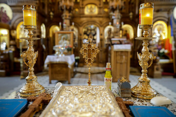 Details with accessories in an Orthodox Church needed for an Orthodox baptism. Baptismal font.