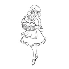 sketch of a woman with long hair carries a lot of beer mugs, coloring, isolated object on a white background, vector illustration,