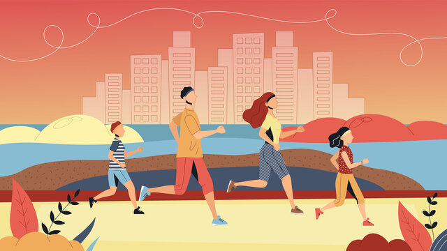 Concept Of Sport And Leading Healthy Lifestyle. Family Is Running Marathon Together In Park. Father, Mother, Son And Daughter Jogging And Exercising Together. Cartoon Flat Style. Vector Illustration