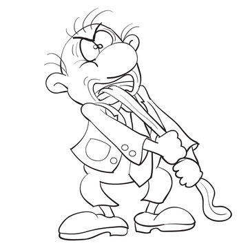 caricature of a man who pulls himself by his long tongue, sketch, isolated object on a white background, vector illustration,