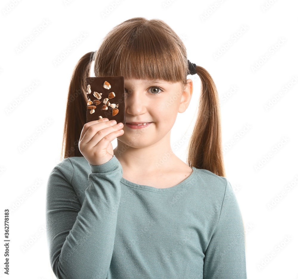 Wall mural cute funny girl with chocolate on white background