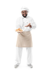 Male African-American chef with tasty dish on white background