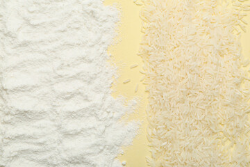 Rice and flour on color background