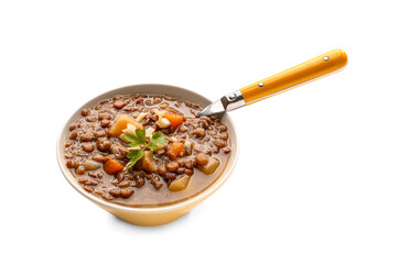 Bowl of tasty lentils soup on white background