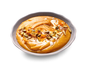Bowl of tasty lentils soup on white background