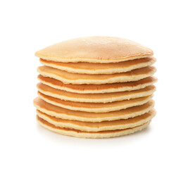 Tasty pancakes on white background