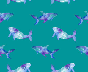 Fototapeta premium Hand Painting Abstract Watercolor Pastel Colors Whale and Shark Sea Creatures Repeating Pattern Isolated Background