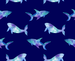 Hand Painting Abstract Watercolor Pastel Colors Whale and Shark Sea Creatures Repeating Pattern Isolated Background