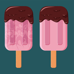 Cherry ice cream. Crimson ice cream. Chocolate frosting. Summer illustration.