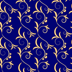 Vector illustration gold embroidery on fabric seamless background