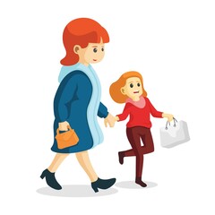 smiling mother and daughter, woman and girl walking holding hands shopping together isolated vector illustration