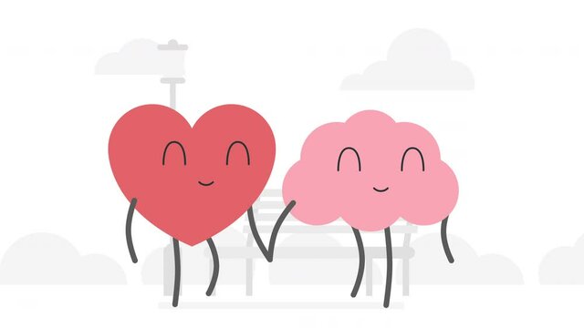 The connection between reason and feeling concept. Flat style cartoon animation of heart and brain walking together in the park