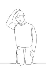 young man is standing, one hand in his pocket, the other scratching the crown. One continuous line to scratch your head, reflect, doubt, be at a loss, confused.