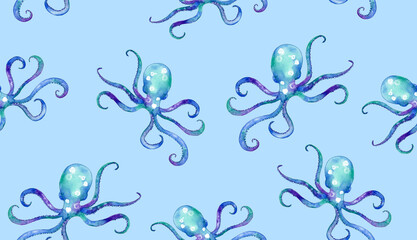 Hand Painting Abstract Watercolor Pastel Colors Octopus Sea Creatures Repeating Pattern Isolated Background