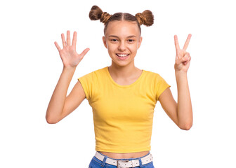Portrait of happy teen girl showing two palms - 7 fingers, isolated on white background. Happy smiling child doing gesture of number Seven. Series of photos count from 1 to 10.