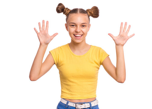 Portrait of happy teen girl showing two palms - 10 fingers, isolated on white background. Happy smiling child doing gesture of number Ten. Series of photos count from 1 to 10.