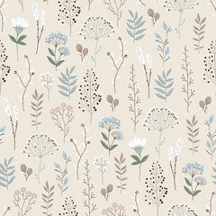 Floral seamless pattern with abstract flowers, branches, leaves, pine cones and plants, botanical vector illustration in vintage style. © Nikole