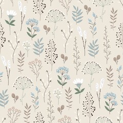 Floral seamless pattern with abstract flowers, branches, leaves, pine cones and plants, botanical vector illustration in vintage style. - 362783336