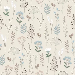 Papier peint Beige Motif floral harmonieux de fleurs abstraites, de branches, de feuilles, de pommes de pin et de plantes, illustration vectorielle botanique de style vintage.