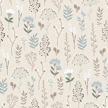 Floral Seamless Pattern With Abstract Flowers, Branches, Leaves, Pine Cones And Plants, Botanical Vector Illustration In Vintage Style.