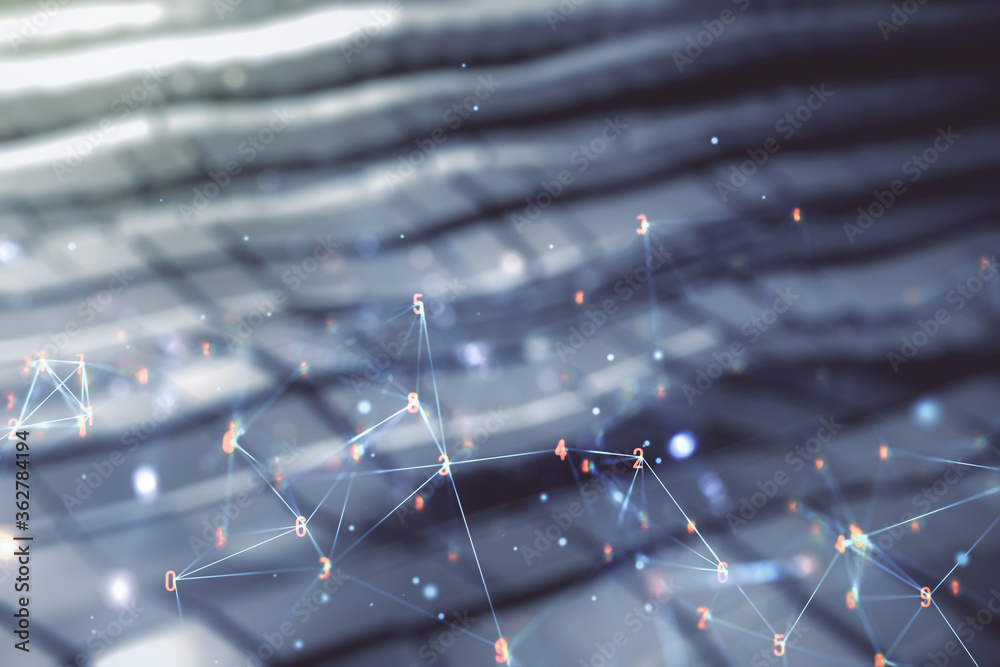 Aufkleber Abstract virtual wireless technology hologram on blurry abstract metal background. Big data and database concept. Multiexposure