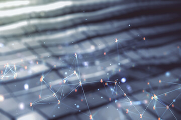 Abstract virtual wireless technology hologram on blurry abstract metal background. Big data and database concept. Multiexposure