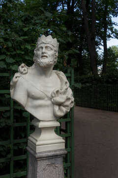 Saint-Petersburg, Russia - July 28, 2019: Marble Sculpture of the bust of King Midas by Orazio Marinali, Italy, 1717. Summer Garden, St. Petersburg, Russia.