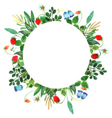 Watercolor  woodland wreath with wild flowers, strawberries, bluberries and leaves is hand drawn illustration. Perfect romantic nature designe for greeteng, invitation, card, decoration, label